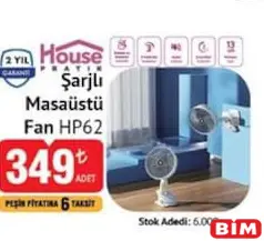 HOUSE PRATİK HP62 ŞARJLI MASAÜSTÜ FAN